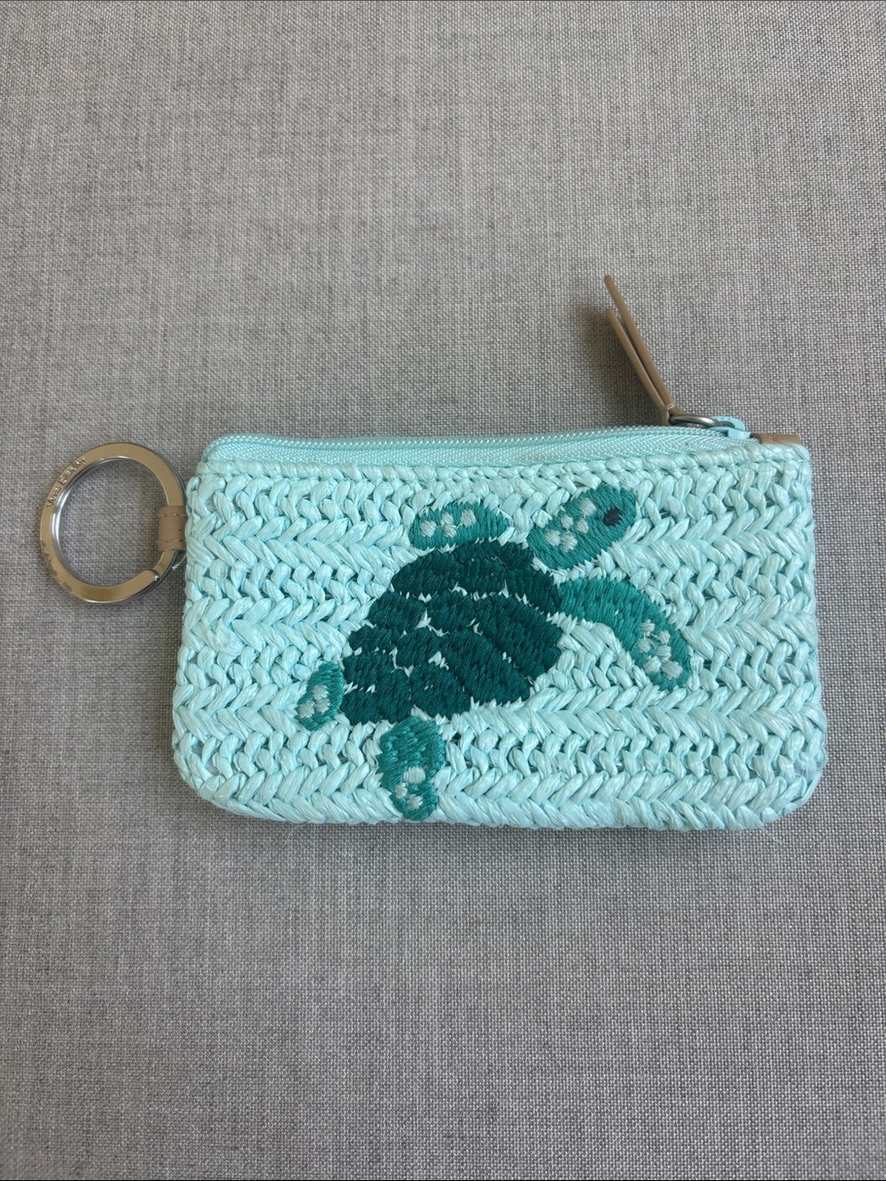 Vera Bradley Light Aqua Straw Zip Coin Pouch with Teal Turtle